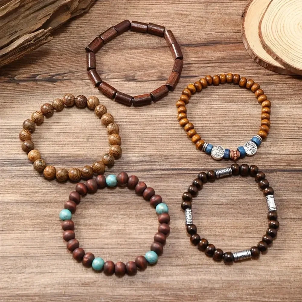 5 Pcs/Set Vintage-Inspired Simple Fashion Elastic Wooden Bead‎ Couple Bracelet